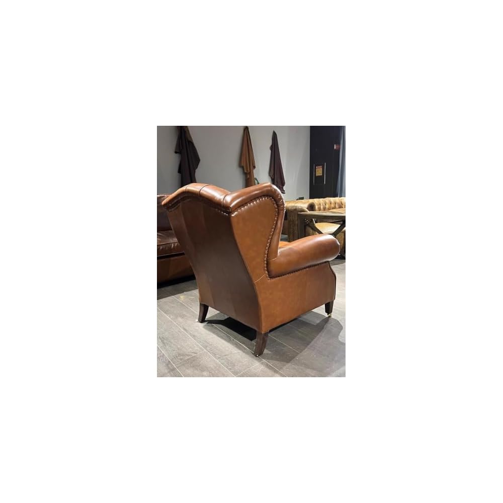 Brown Leather Tufted Wingback Chair with Rolled Arms and Wood Legs