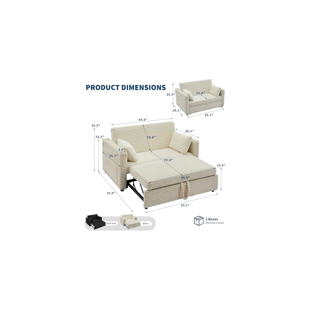 Futon Sofa Bed, 55'' Loveseat Corduroy Convertible Sleeper Sofa with Pull Out Couch and Adjustable Backrest, 2 Charging Stations, Side Pockets for Living Room, Apartment, Office, White