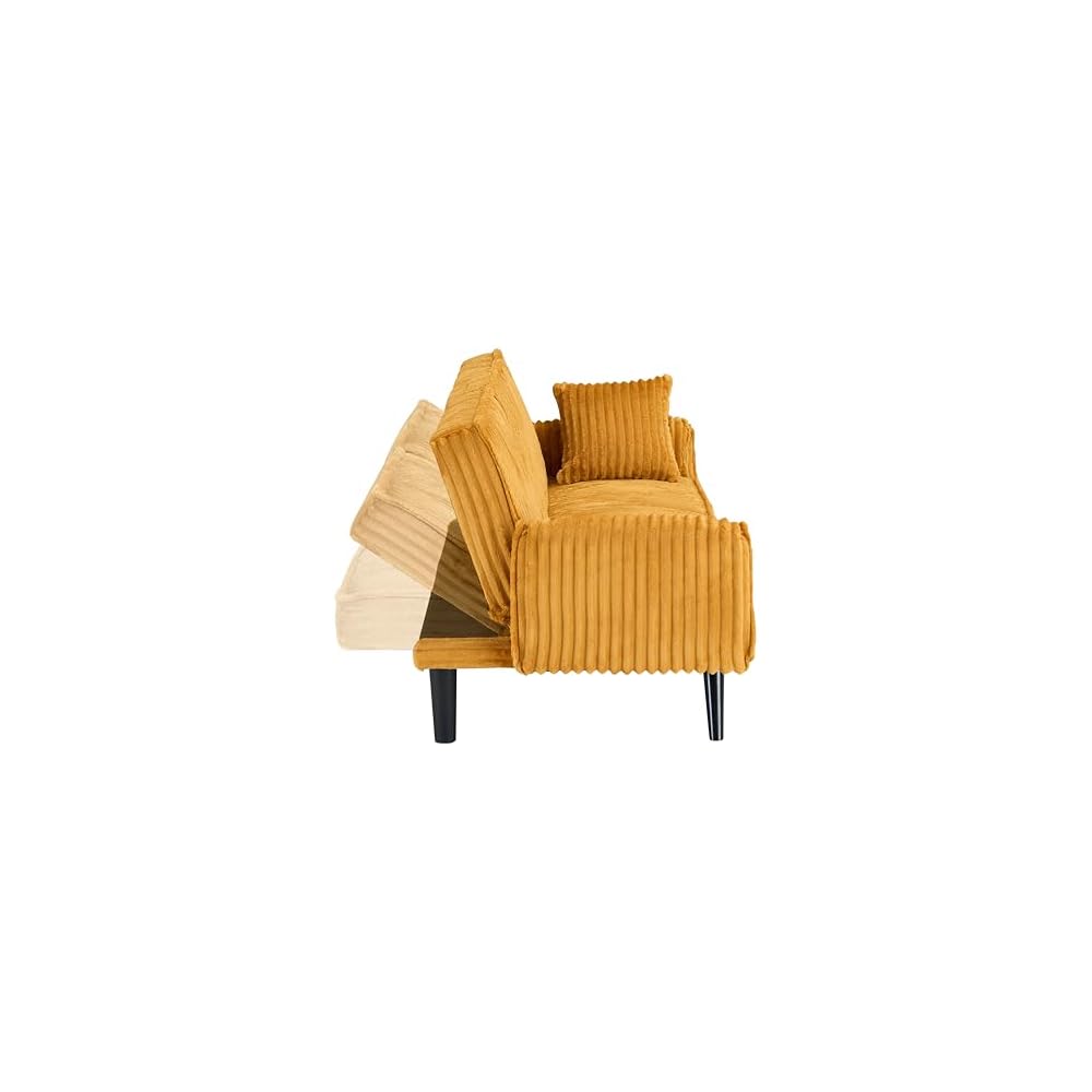 72" Plush Corduroy Upholstered Futon Sofabed for Living Room Bedroom Studio, Modern Futon Sleeper Bed Convertible Love Seat Sofa W/Adjustable Backrest & Drop-Down Cupholders