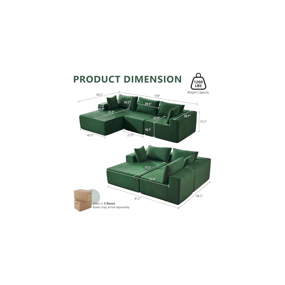 108” Boneless Couches for Living Room, Cloud Modular Sectional Couch, Modular Sectional Sofa with Deep Seat, Modren Comfy Corduroy Fluffy Couch with L-Shaped Chaise, No Assembly Required, Green