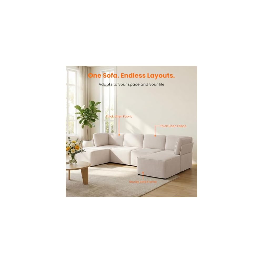 Modular Sectional Sofa, U Shaped Convertible Couch Sofa with Reversible Chaises, Queen Sleeper Sofa, Modular Oversized Sofa Couches for Living Room (Beige)