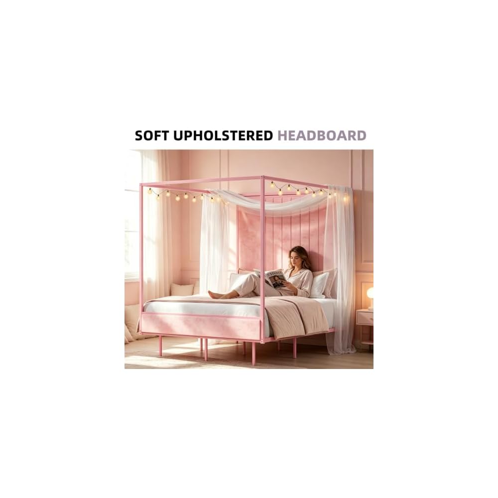 Queen Canopy Bed with Tall Headboard, Charging Station & LED Light (Pink)