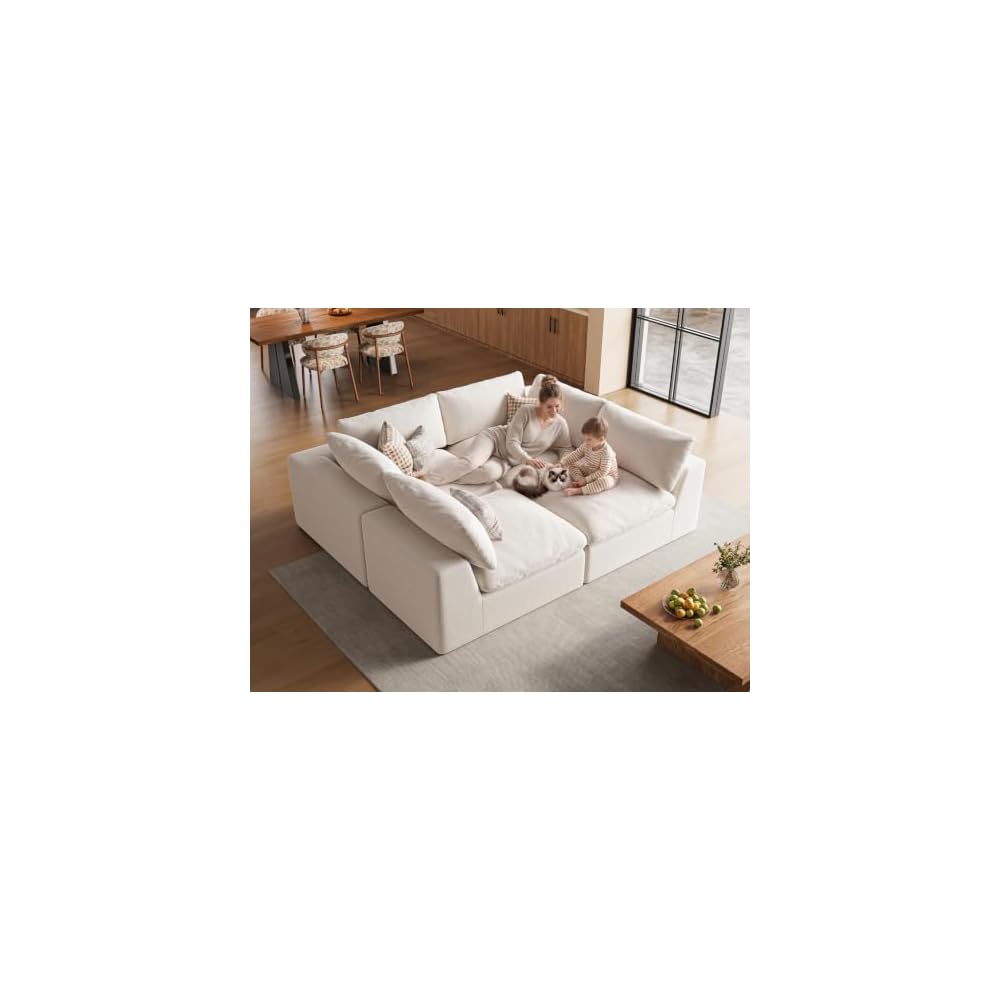120" Cloud Sectional Couches for Living Room | Oversized Boneless Modular Sofa with 4 Seat L-Shaped Design | Deep Seat Chenille Couch | Ivory White