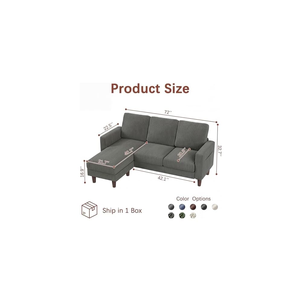 L-Shaped 3 Seat Convertible Sectional Couch with Ottoman