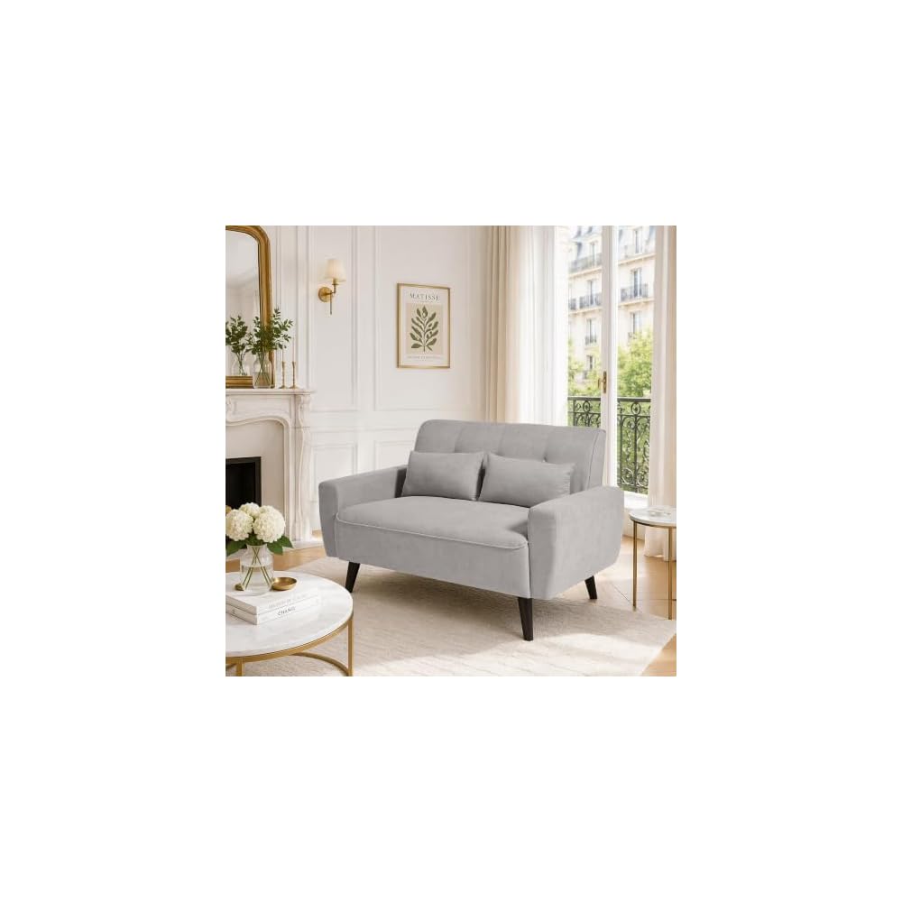 48.8" Small Loveseat Sofa, Mid Century Modern Love Seat Couch with Back Cushions and Plastic Legs, 2 Seater Couches for Living Room, Bedroom, Small Spaces, Light Grey