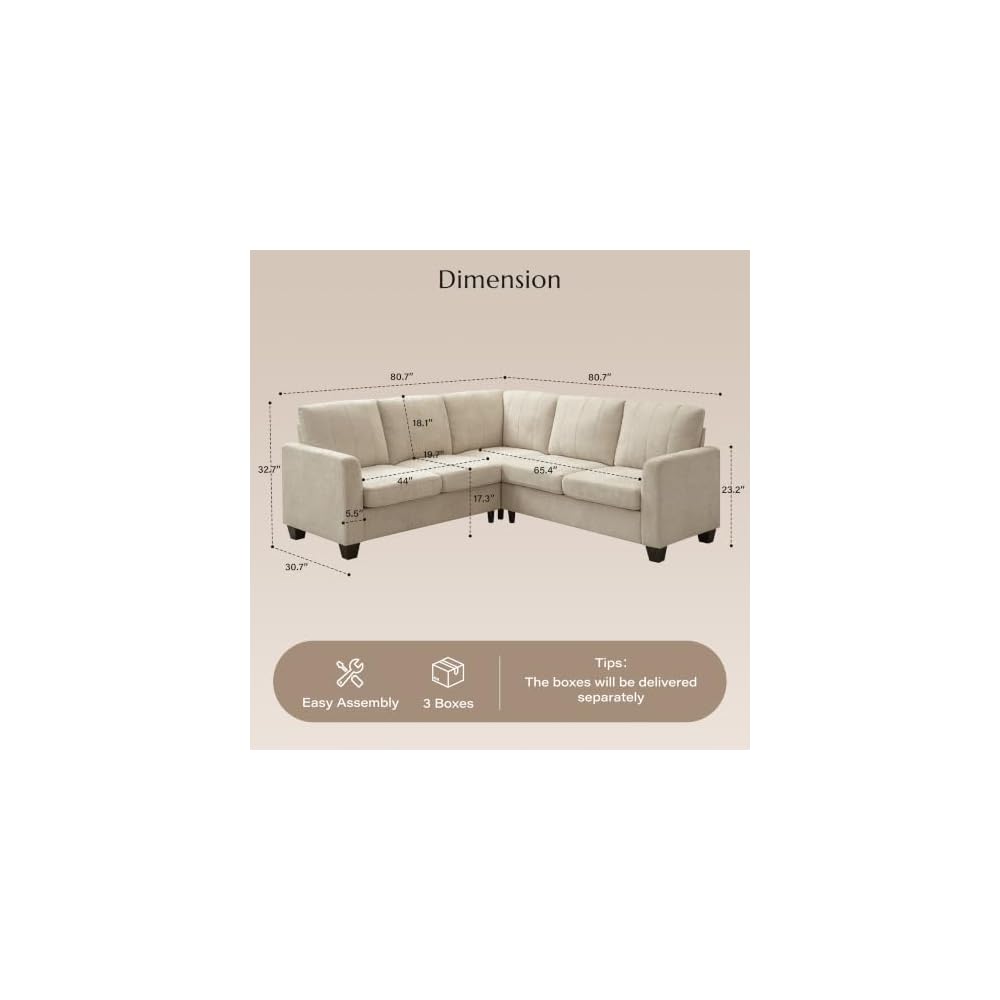 L Shaped Couch, Small Corner Sectional Sofa, Beige