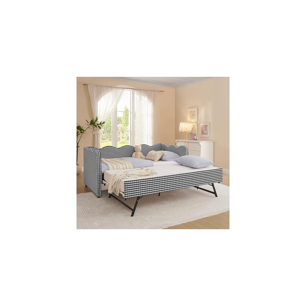 Twin Size Upholstery Gingham Daybed with Trundle and USB, Black