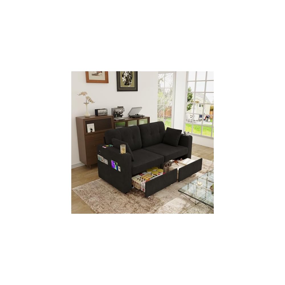 Loveseat Sofa with Drawers, Modern Living Room Couch with Charging Ports and Cup Holders, Pockets and Hidden Storage, Upholstered Love Seat, Bedroom and Apartment, Office Sofa, Black