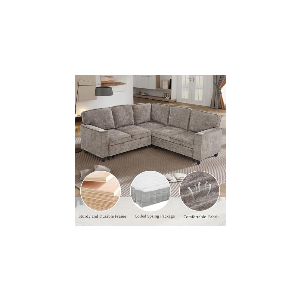81" L-Shaped Oversized Chenille Modular Sectional Sleeper Sofa with Pull-Out Bed, Storage Seat, Modern 5-Seater Upholstered Couch Bed with Charging Station, Easy Assembly, for Living Room, Brown