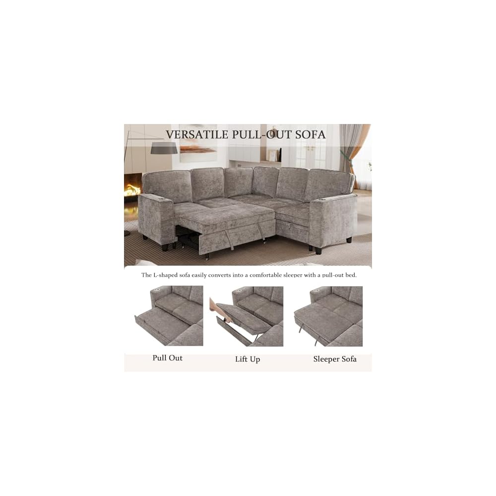 81" L-Shaped Oversized Chenille Modular Sectional Sleeper Sofa with Pull-Out Bed, Storage Seat, Modern 5-Seater Upholstered Couch Bed with Charging Station, Easy Assembly, for Living Room, Brown