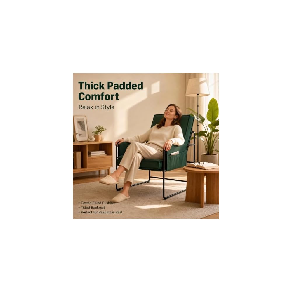 Modern Accent Chair with Armrests, Natural Cotton Cushions, Green