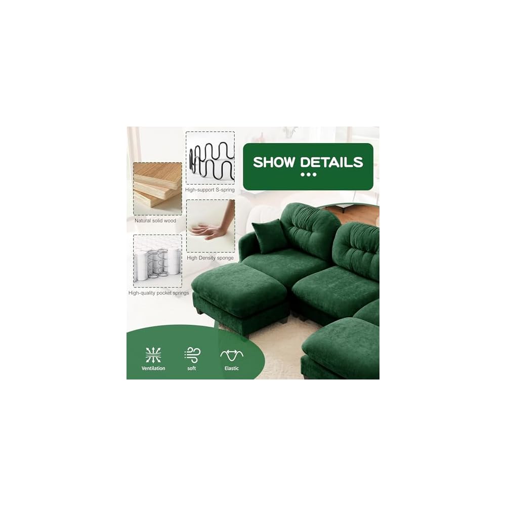 Cloud Couches for Living Room, Modular Sectional Sofa, 74" L-Shape Green