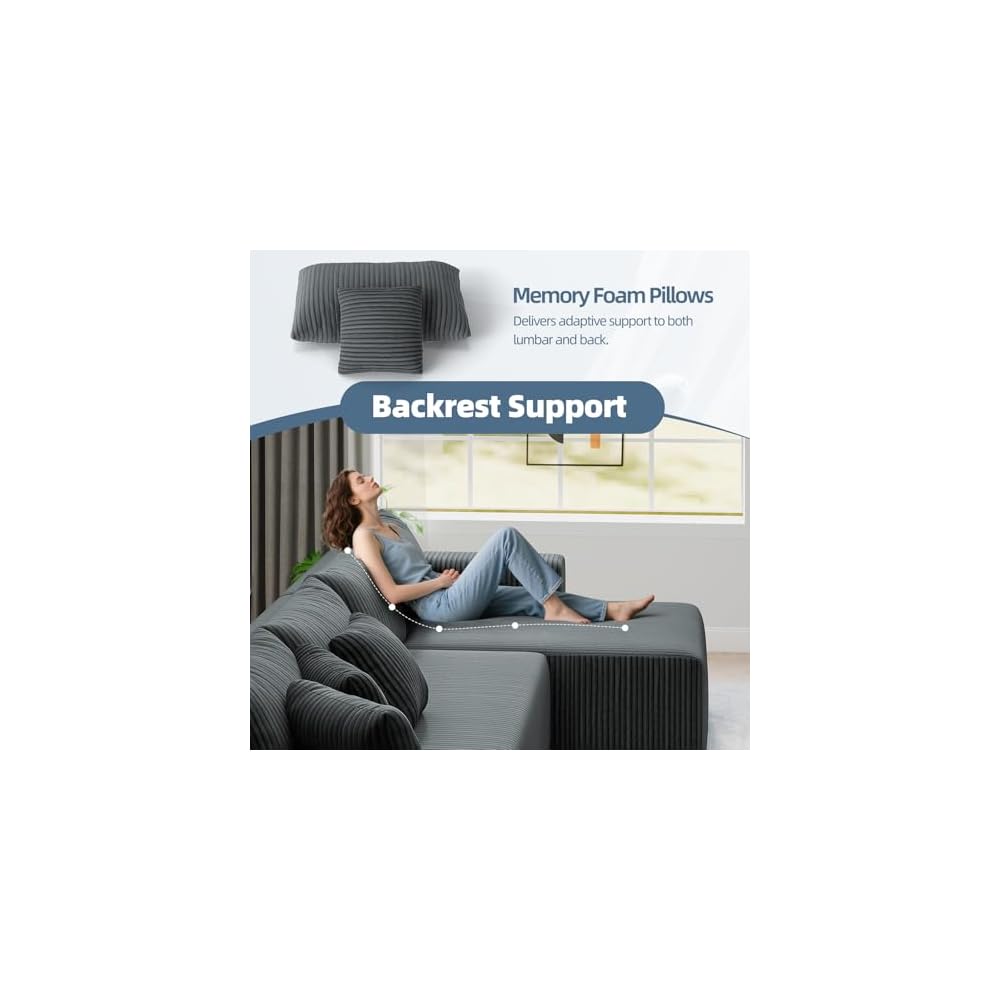 134'' Cloud Couch U-Shaped Sectional Sofa, Corduroy Boneless Couches
