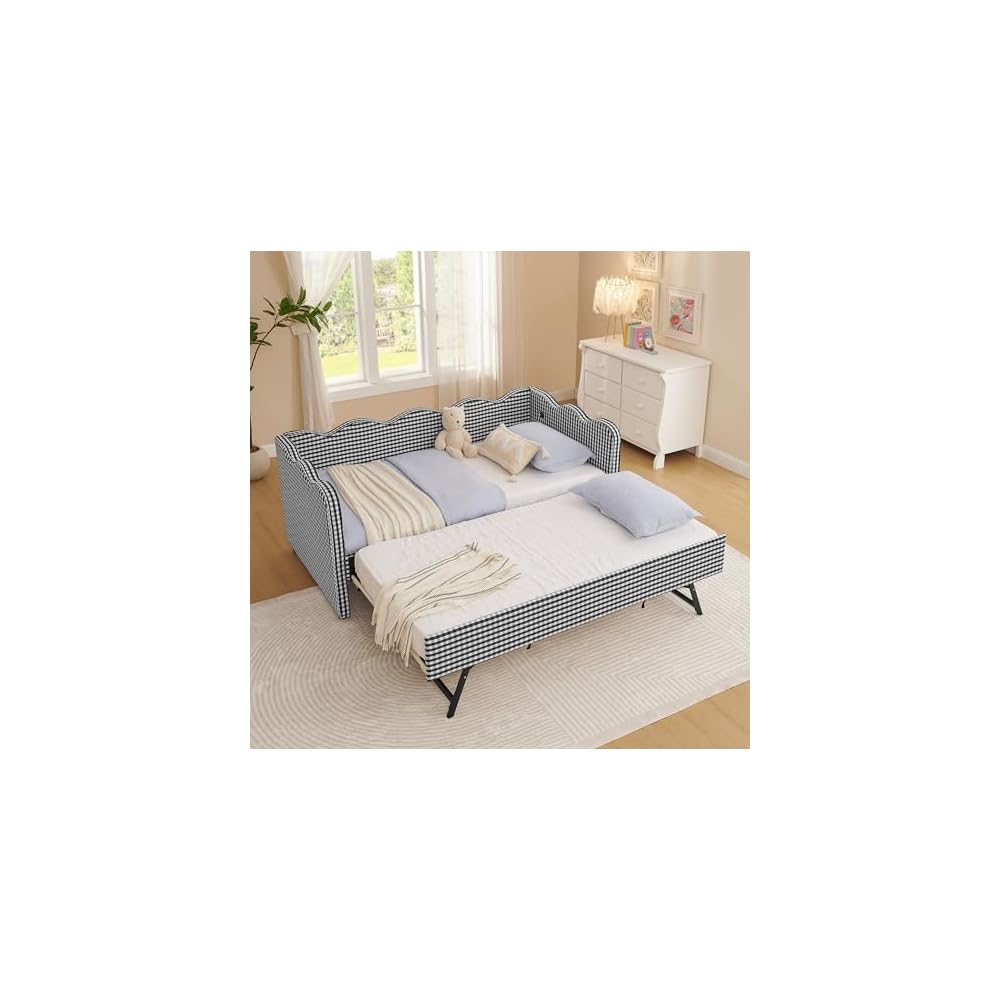 Twin Size Upholstery Gingham Daybed with Trundle and USB, Black