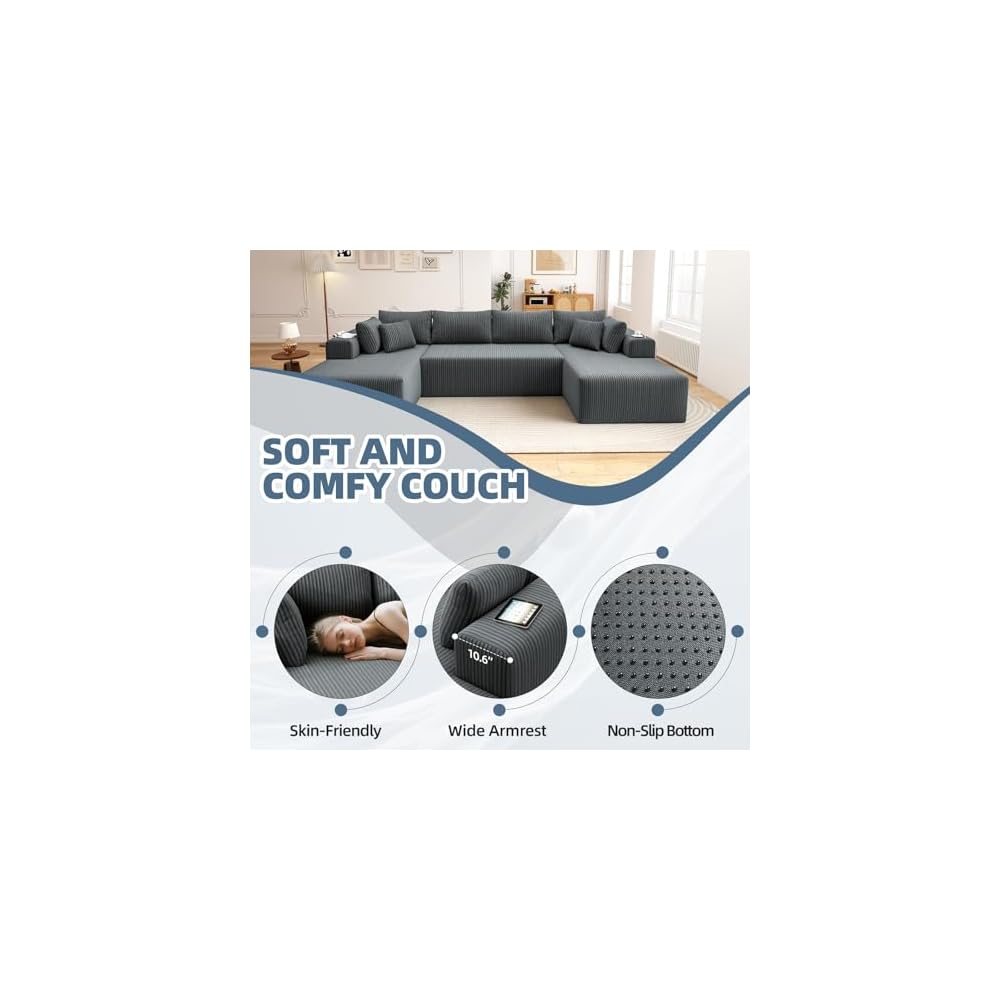 134'' Cloud Couch U-Shaped Sectional Sofa, Corduroy Boneless Couches