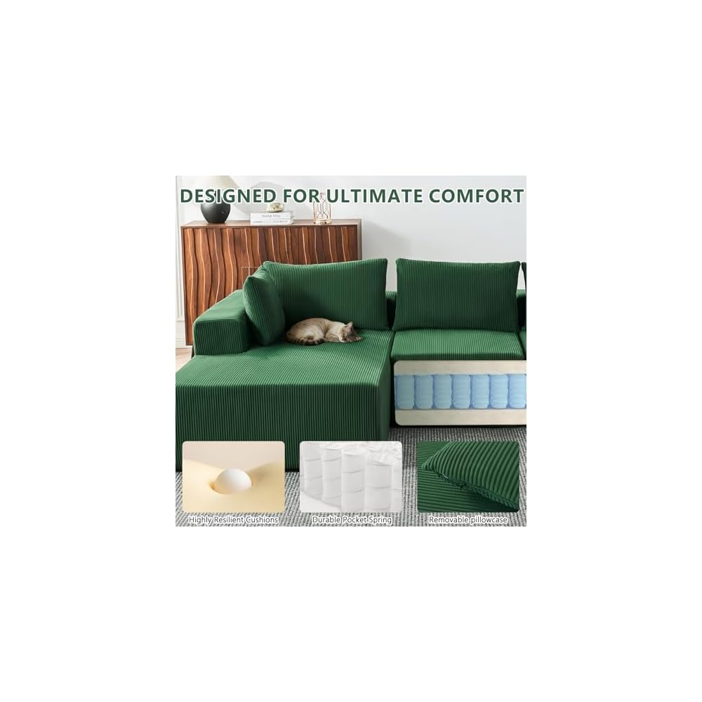 108” Boneless Couches for Living Room, Cloud Modular Sectional Couch, Modular Sectional Sofa with Deep Seat, Modren Comfy Corduroy Fluffy Couch with L-Shaped Chaise, No Assembly Required, Green