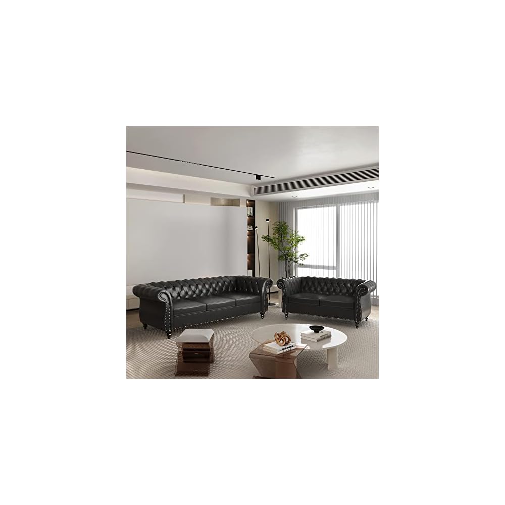 2-Piece Living Room Sectional Sofa Set, Upholstered Sofa Modern Sofa Couches Set Style Button Tufted, PU Chesterfield Sofa for Living Room Apartment, 2+3 Seat PU Black
