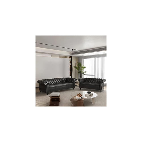 2-Piece Living Room Sectional Sofa Set, Upholstered Sofa Modern Sofa Couches Set Style Button Tufted, PU Chesterfield Sofa for Living Room Apartment, 2+3 Seat PU Black