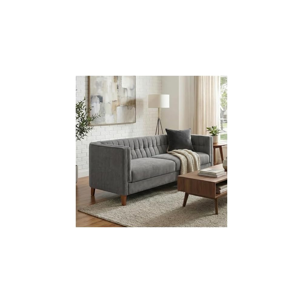 Modern 3 Seater Sofa 76 Inch Chenille Upholstered Couch with Curved Armrests Channel Tufted Back and Birch Wood Legs for Living Room Apartment, Gray