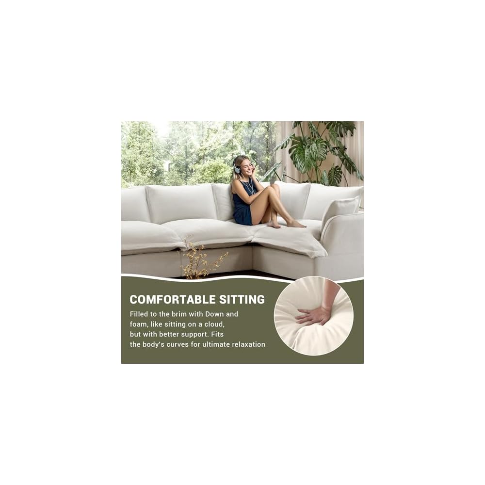 Linen Blend Cloud Couch Sectional for Living Room, Comfy Down Filled Cloud Modular Sectional Sofa, Modern Convertible Deep Seat Modular Couch Sleeper Sofa Bed, Removable & Washable Covers