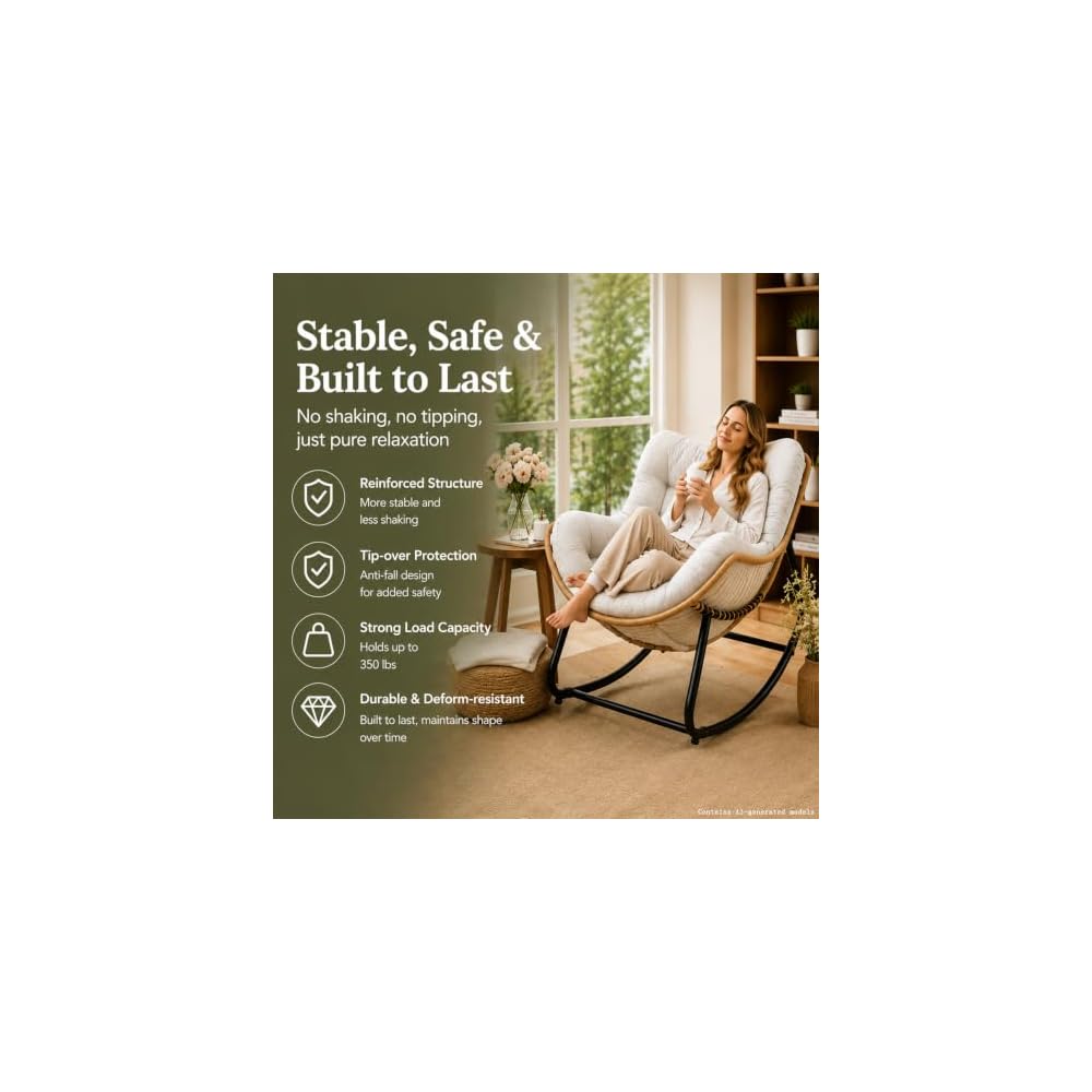 Oversized Rocking Chair Indoor, Outdoor Papasan Rocking Chair with Cushion and Frame, Rattan Comfy Egg Recliner ChairComfy Reading Chairs