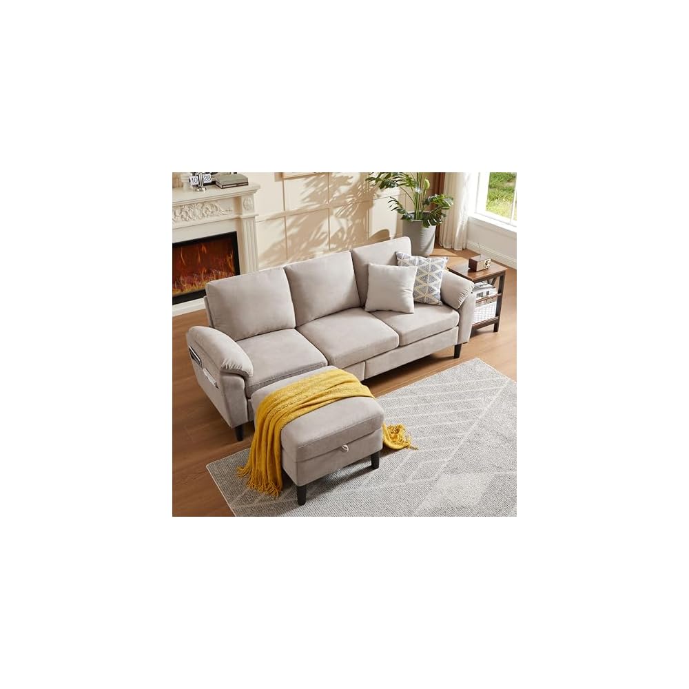 79" Convertible Sectional Sofa, 3 Seat L Shaped Small Sectional Couch with Reversible Chaise, Modern Linen Sofa Couches for Living Room, Apartment and Small Space, Beige