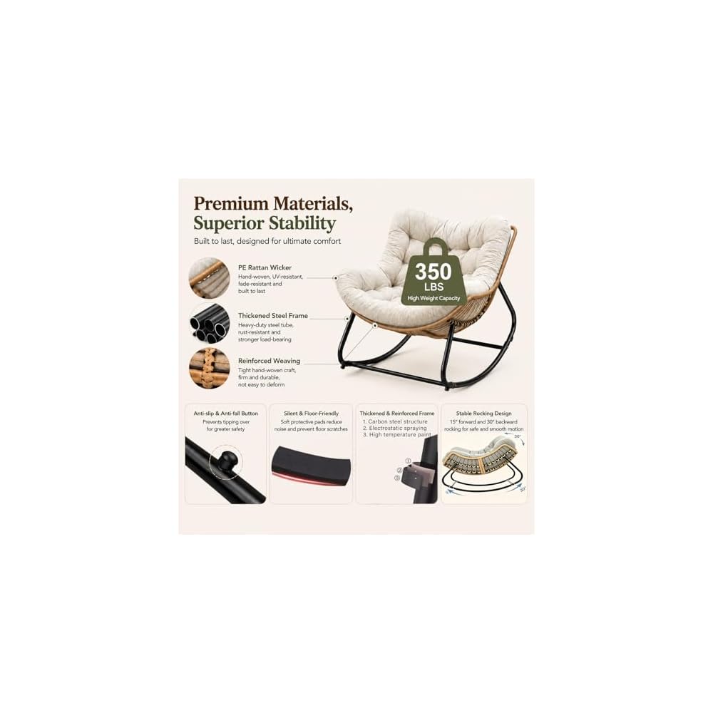 Oversized Rocking Chair Indoor, Outdoor Papasan Rocking Chair with Cushion and Frame, Rattan Comfy Egg Recliner ChairComfy Reading Chairs