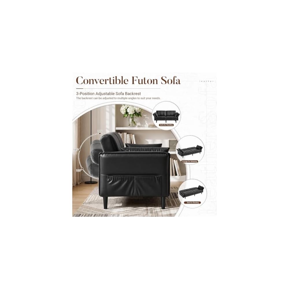 Faux Leather Futon Sofa Bed, Mid-Century Modern Loveseat Couch