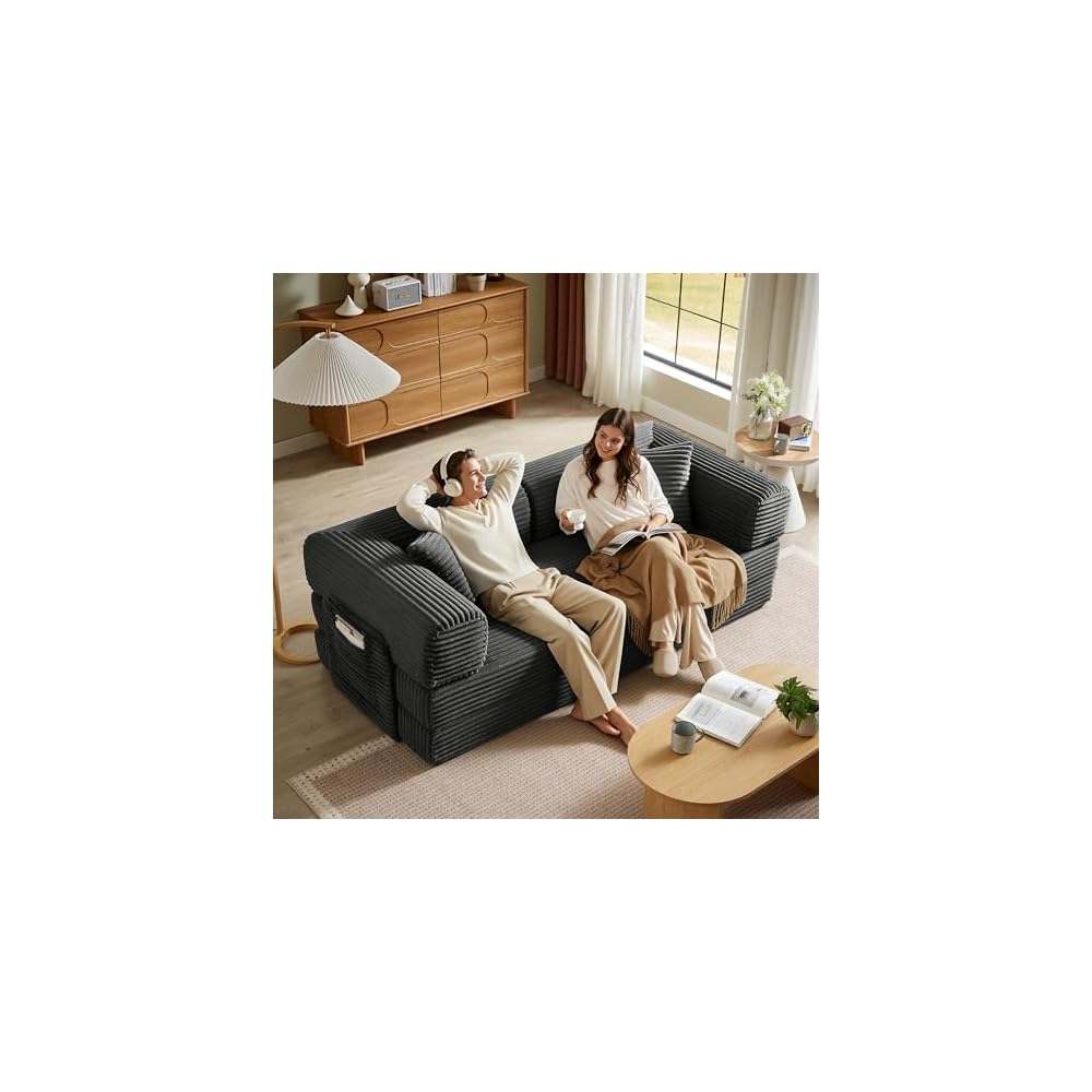 Futon Sofa Bed Boneless Couch for Living Room,Pull Out Couch with Sleeper Sofa,Day Bed Couch with Storage Pocket,Removable Corduroy with 2 Pillow
