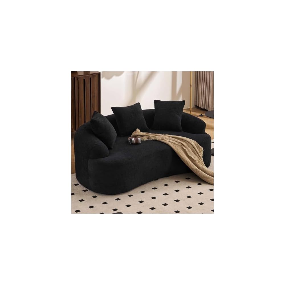 65” Black Curved Couch& Loveseat Sofa with 3 Pillows, Compression Couch with Round Armrest, Suitable for Small Space, Bedroom, Living Room, Memory Foam, Chenille, No Assembly (Black)
