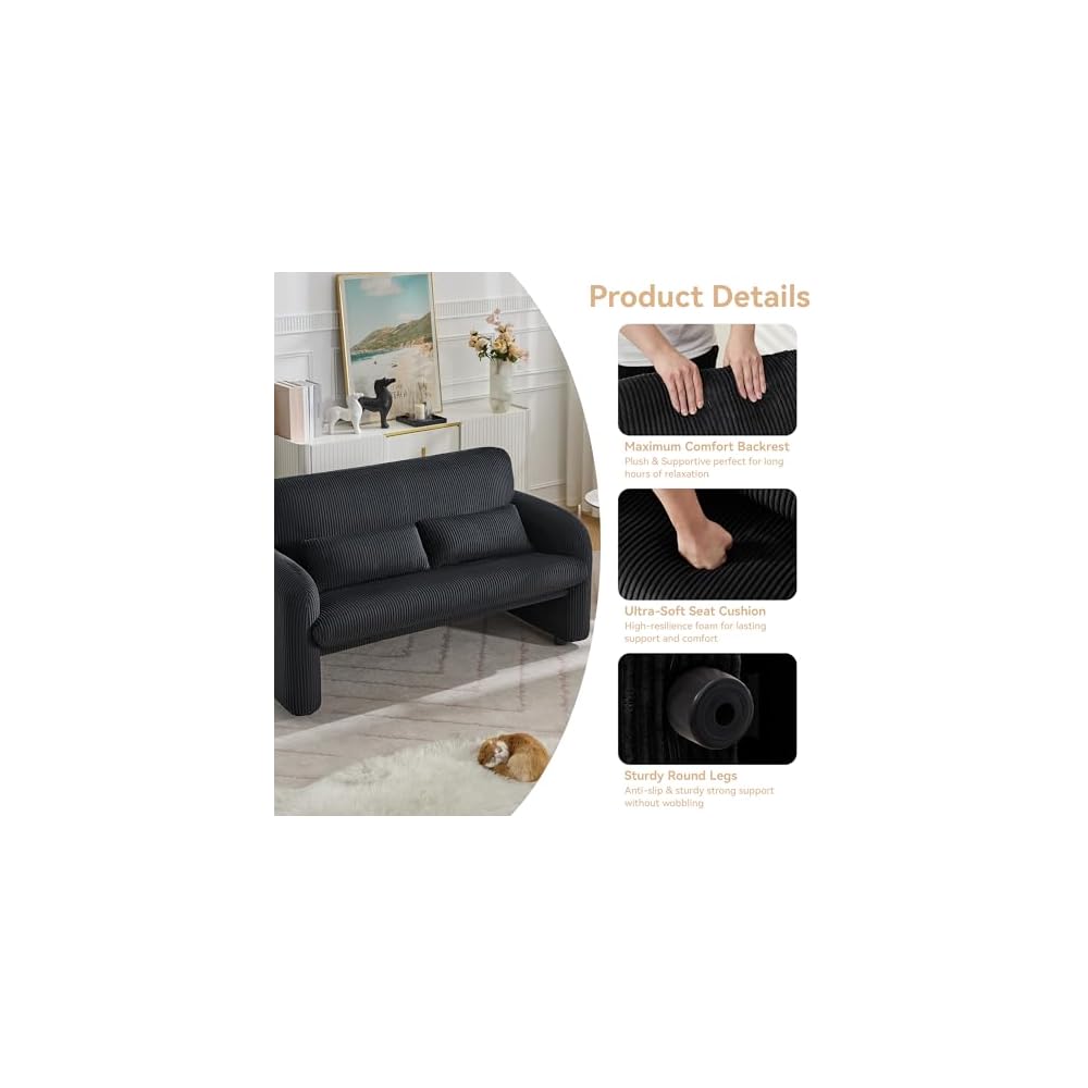 Corduroy Accent Living Room Sets, Modern Upholstered Love Seat with 2 Accent Chairs, Wide Comfy Leisure Chair Sets for Bedroom, Office, Black