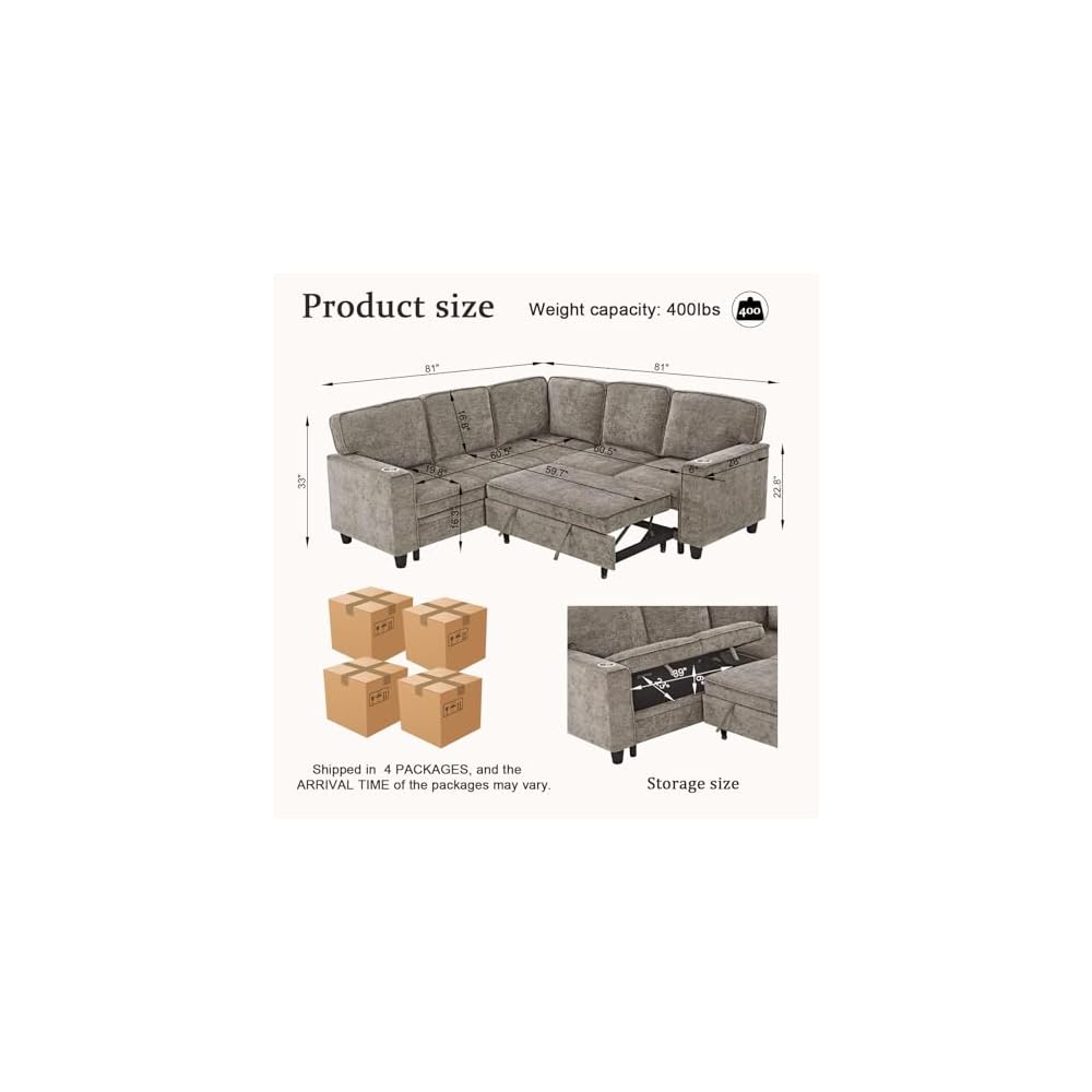 81" L-Shaped Oversized Chenille Modular Sectional Sleeper Sofa with Pull-Out Bed, Storage Seat, Modern 5-Seater Upholstered Couch Bed with Charging Station, Easy Assembly, for Living Room, Brown