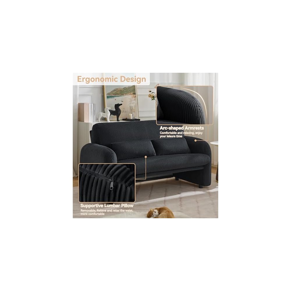 Corduroy Accent Living Room Sets, Modern Upholstered Love Seat with 2 Accent Chairs, Wide Comfy Leisure Chair Sets for Bedroom, Office, Black