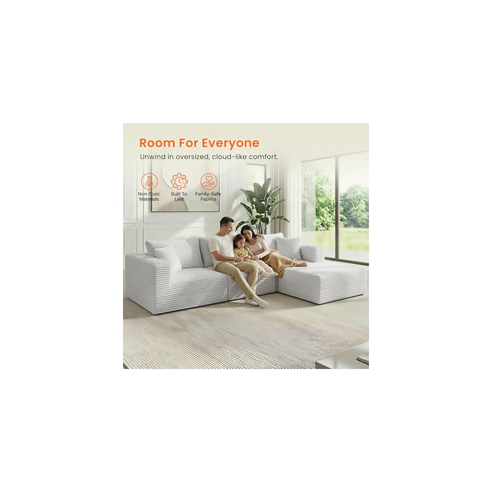 117'' Convertible Sectional Sofa with Reversible Chaise, Ergonomic 4 Seat Couch with Wide-Armrests, Corduroy Sofa Couches for Living Room, Apartment-Beige