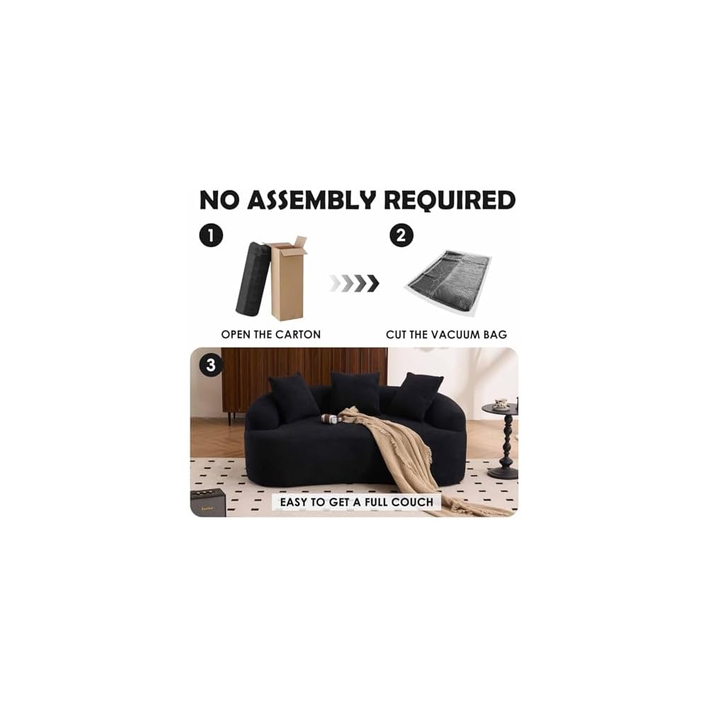 65” Black Curved Couch& Loveseat Sofa with 3 Pillows, Compression Couch with Round Armrest, Suitable for Small Space, Bedroom, Living Room, Memory Foam, Chenille, No Assembly (Black)