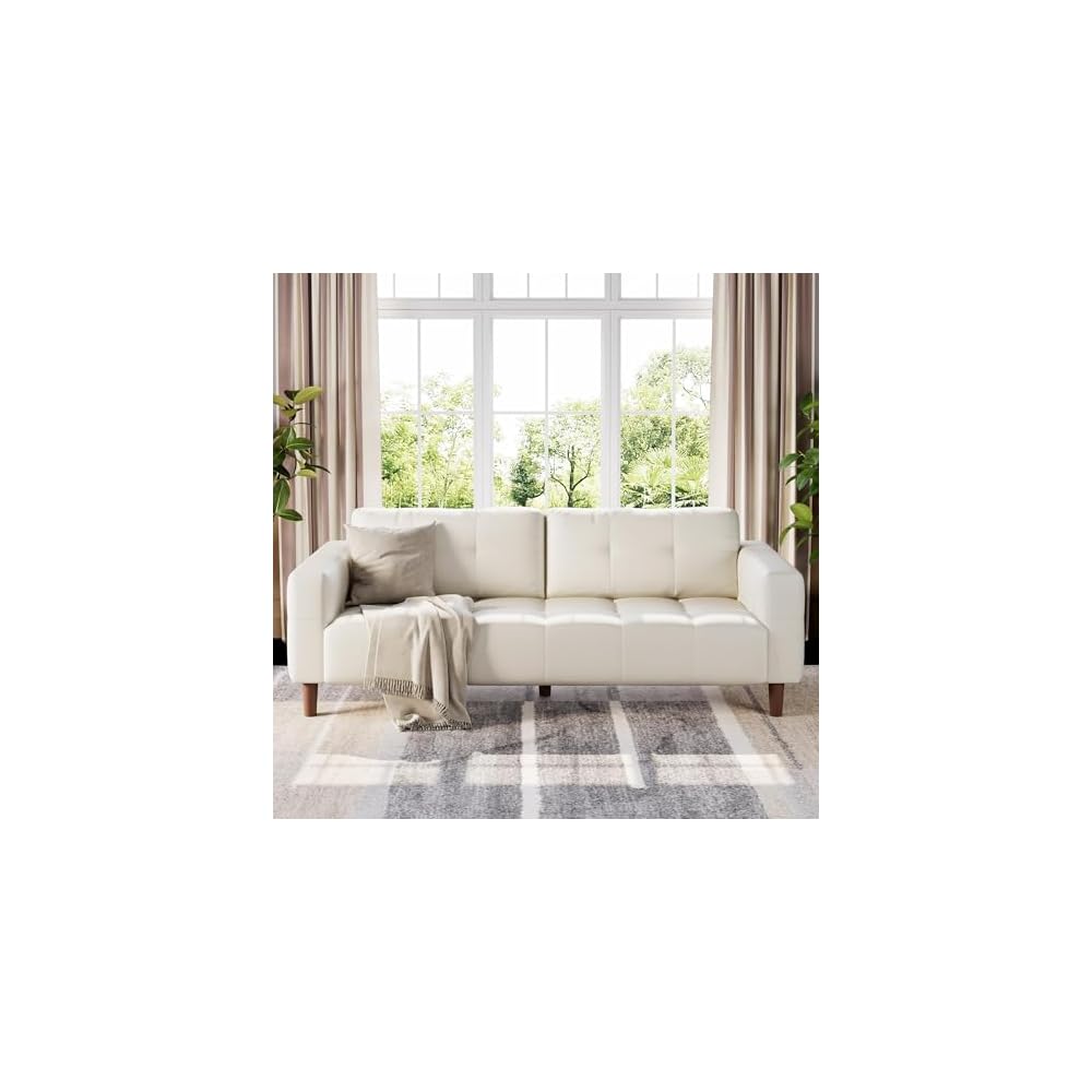 3-Seater Sofa Couch, 83" Wide Faux Leather Sofa Couch with Spring Cushion, Modern Sofa with Deep Seats and 2 Removable Back Cushions, for Living Room, Bedroom, Apartment, Office