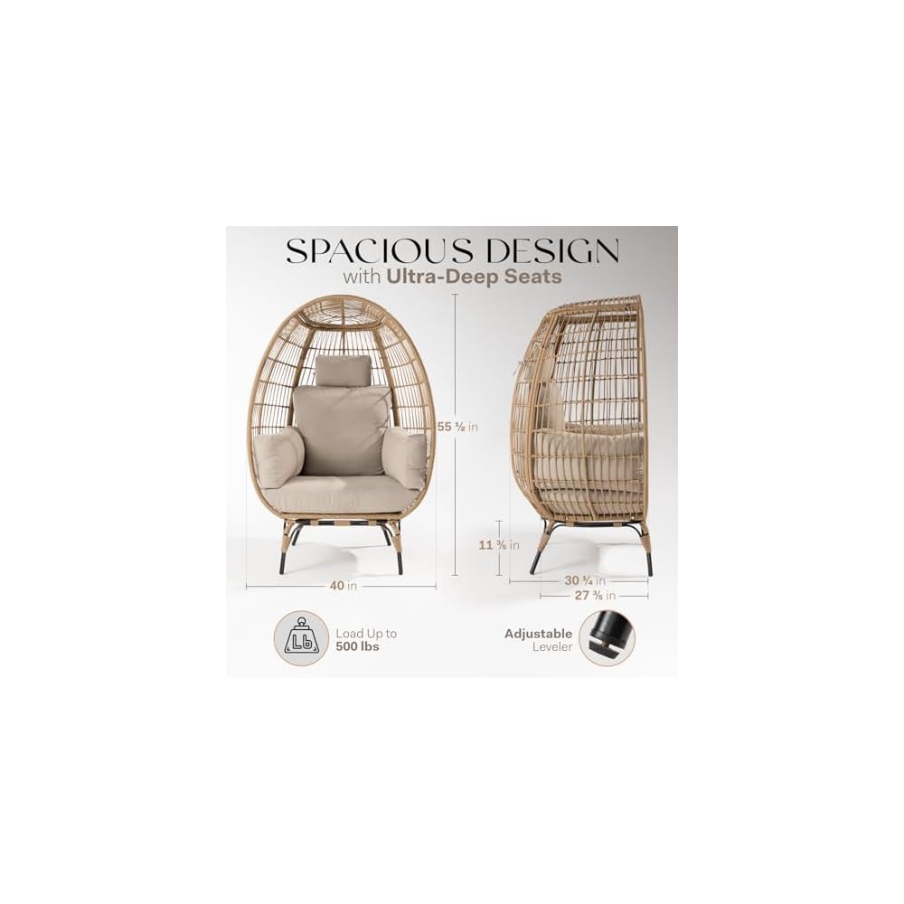Heavy Duty 500 Lbs Capacity Oversized Wicker Egg Chair for Outside, UV 2000 Hours Material with Non-discolouring Fabric Cushion, Durable Against Water, Weather