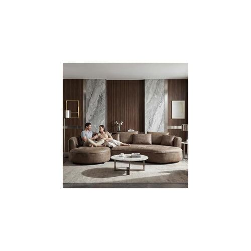 128 Inch Brown Fabric Curved Faux Leather Sectional Sofa with Left Chaise