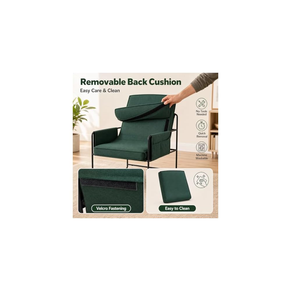 Modern Accent Chair with Armrests, Natural Cotton Cushions, Green