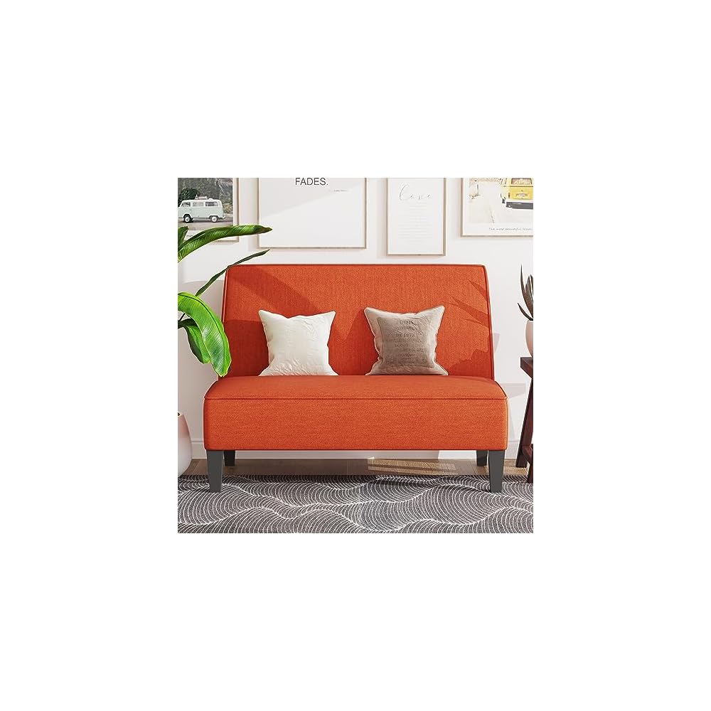 Small Loveseat, Orange Mini Sofa Couch Accent Upholstered Bench with Back Living Room Bedroom Office Armless Love Seat Settee