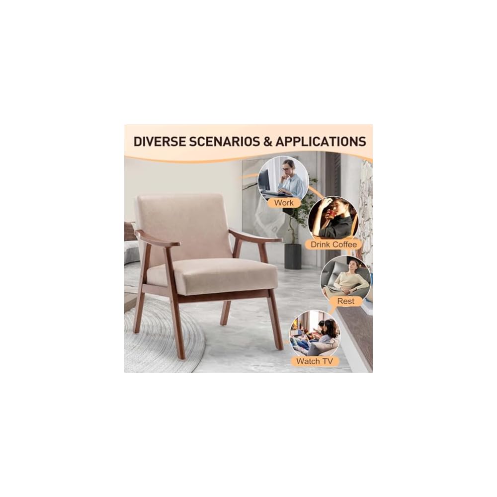 Accent Chair Mid Century Modern Armchair, Upholstered Lounge Chair with Solid Wood Frame for Living Room Bedroom Reading Room(Light Camel)