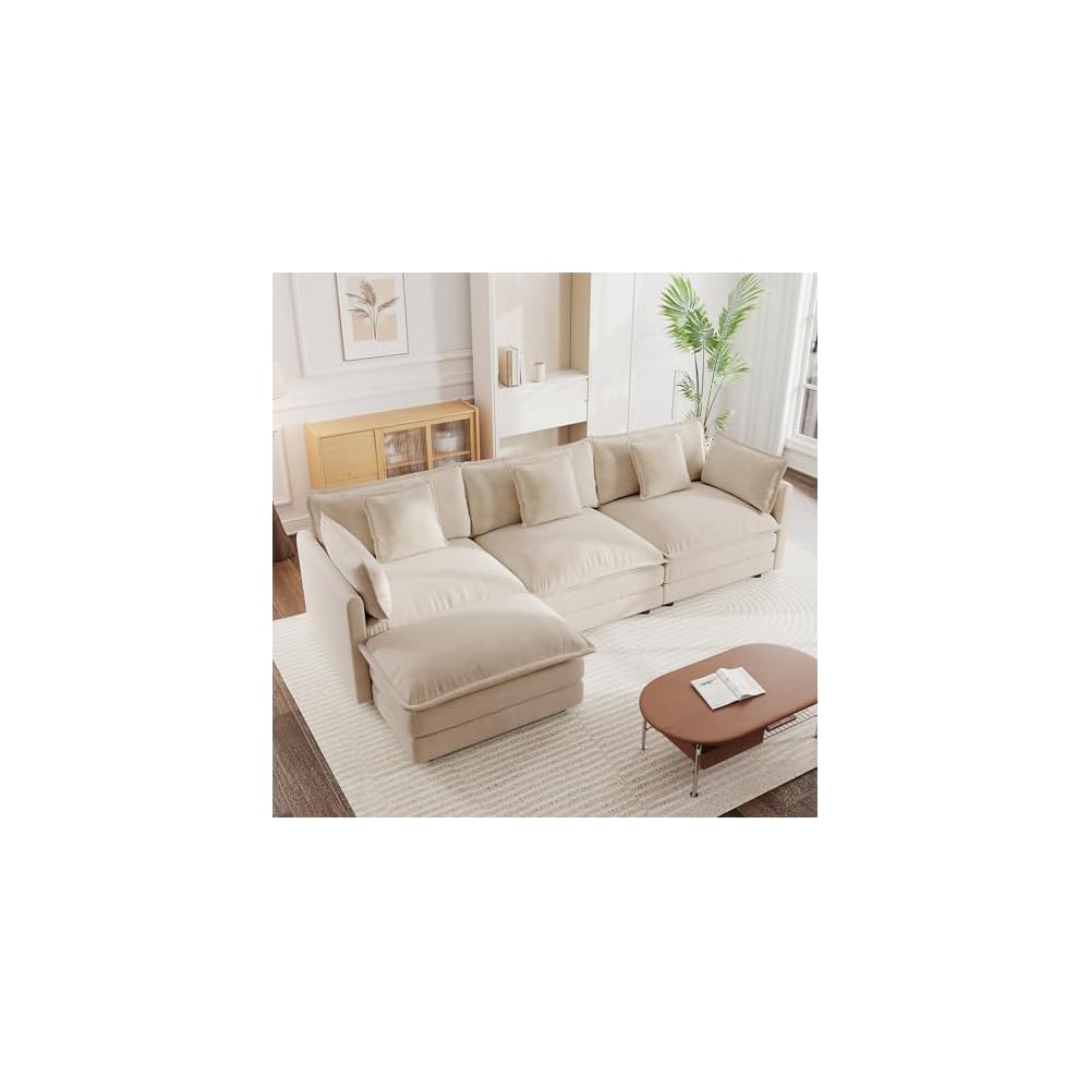 Modular Sectional Sofa, 111.5 Inch L Shaped Couch Set for Living Room, 3-Seater Comfy Cloud Couches with Movable Ottoman, DIY Combination, Chenille, Light Coffee