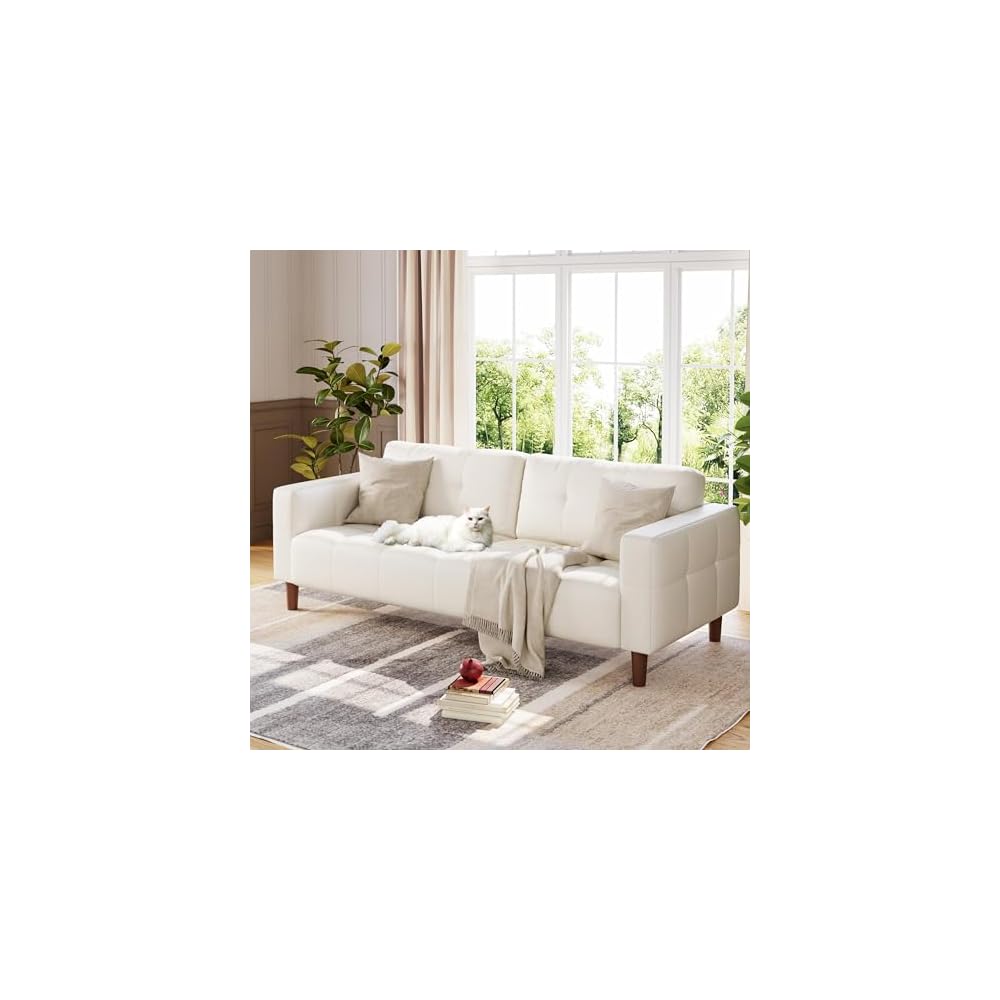 3-Seater Sofa Couch, 83" Wide Faux Leather Sofa Couch with Spring Cushion, Modern Sofa with Deep Seats and 2 Removable Back Cushions, for Living Room, Bedroom, Apartment, Office