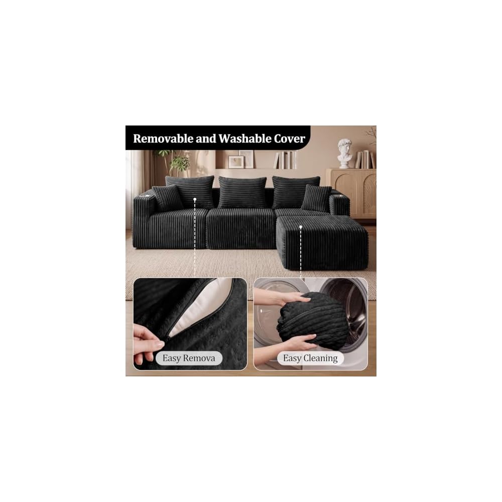 102" Boneless Modular Sectional Sofa 4 Seater Foam Sectional Corduroy Couch with Ottoman, Cup Holders & Side Storage Pockets, No Assembly Needed (Black, 102" L Shape)