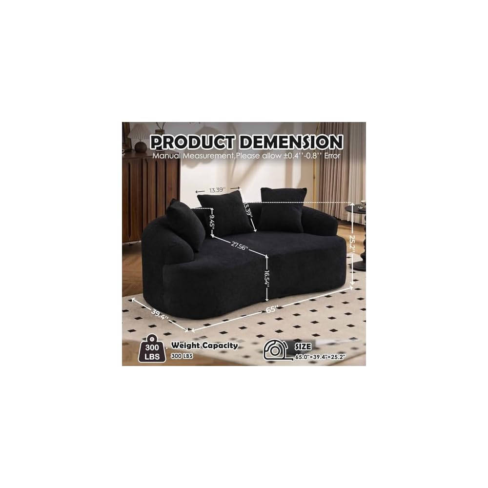65” Black Curved Couch& Loveseat Sofa with 3 Pillows, Compression Couch with Round Armrest, Suitable for Small Space, Bedroom, Living Room, Memory Foam, Chenille, No Assembly (Black)