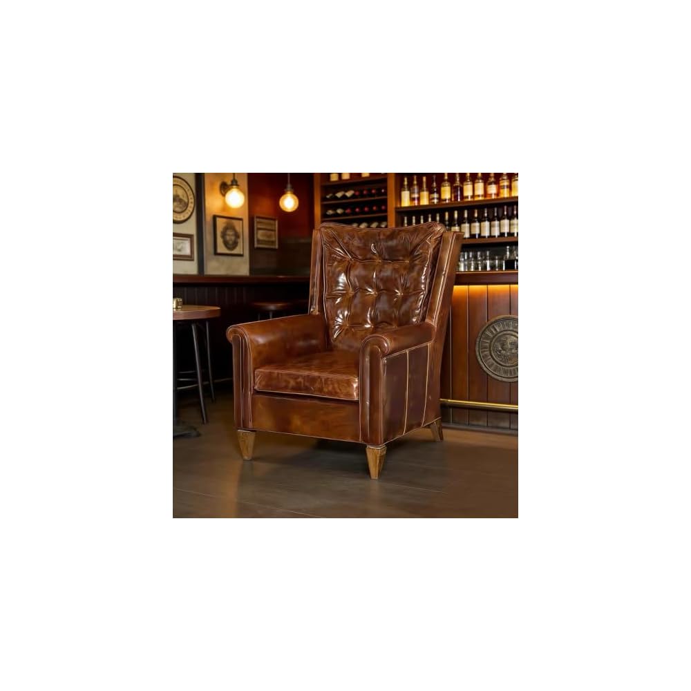 Brown Leather Tufted Wingback Chair with Rolled Arms and Wood Legs