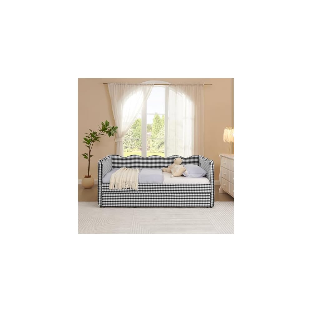 Twin Size Upholstery Gingham Daybed with Trundle and USB, Black