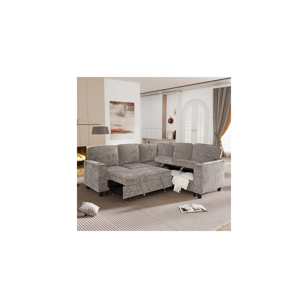 81" L-Shaped Oversized Chenille Modular Sectional Sleeper Sofa with Pull-Out Bed, Storage Seat, Modern 5-Seater Upholstered Couch Bed with Charging Station, Easy Assembly, for Living Room, Brown