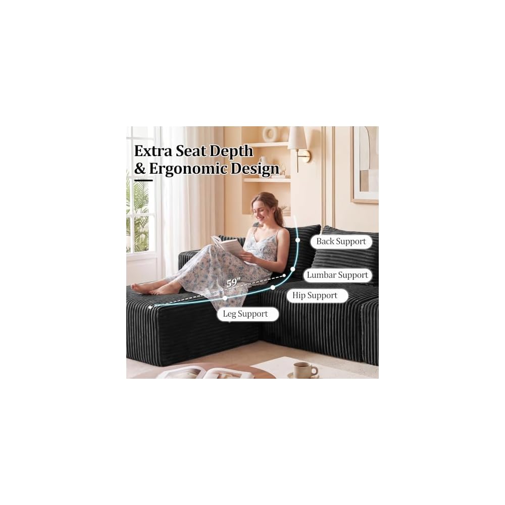 102" Boneless Modular Sectional Sofa 4 Seater Foam Sectional Corduroy Couch with Ottoman, Cup Holders & Side Storage Pockets, No Assembly Needed (Black, 102" L Shape)