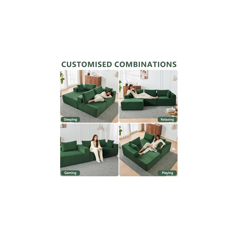 108” Boneless Couches for Living Room, Cloud Modular Sectional Couch, Modular Sectional Sofa with Deep Seat, Modren Comfy Corduroy Fluffy Couch with L-Shaped Chaise, No Assembly Required, Green